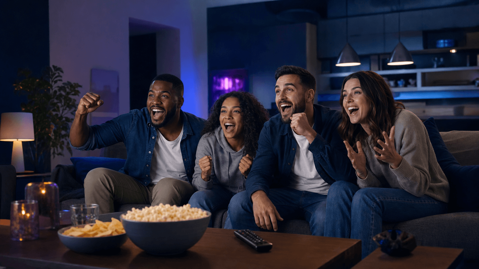 Friends enjoying an exciting evening of television together